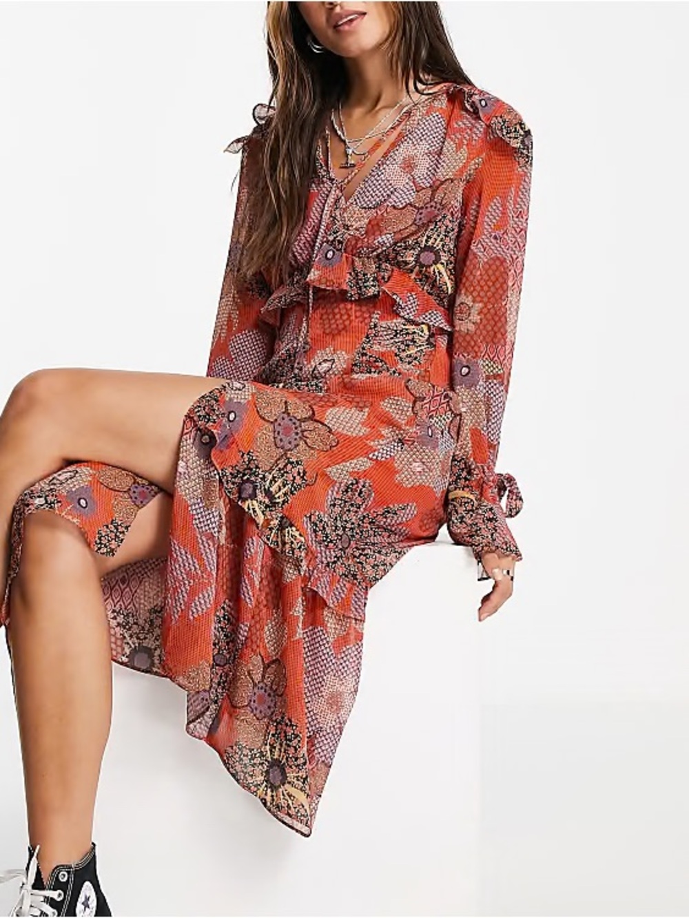 Topshop Orange Floral Ruffle Midi Dress